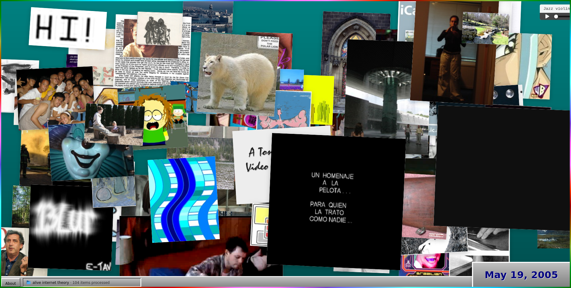 Colagem de diversas imagens criadas por humanos sobre um desktop que parece com o do Windows 95. Cada imagem é um link para uma página arquivada pelo Internet Archive.
