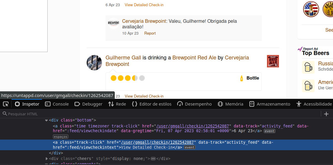 Firefox Developer Tools sendo usada para inspecionar a página de um perfil no Untappd