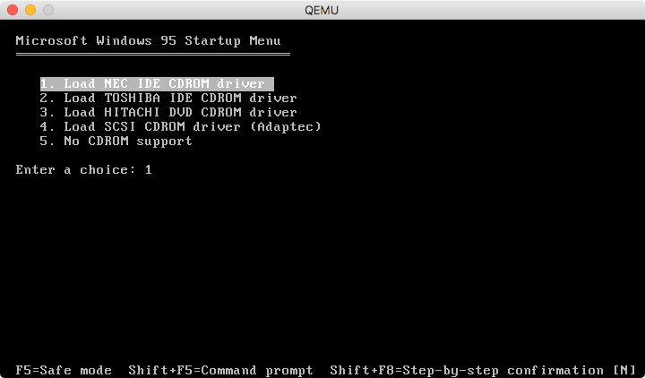 Janela do QEMU mostrando o menu apresentado pelo disquete de boot. Há 5 opções. As 4 primeiras carregam diferentes drivers de unidade CD-ROM. A última é "No CDROM support". Consegui fazer funcionar usando a opção 1.